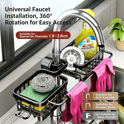🚿Sink Organizer Rack,Hanging Faucet Drain Rack with Drip Tray Stainless Steel Detachable Sink Faucet Sponge Holder Over Faucet for Kitchen and Bathroom,Scrubbers, Soap,Brush