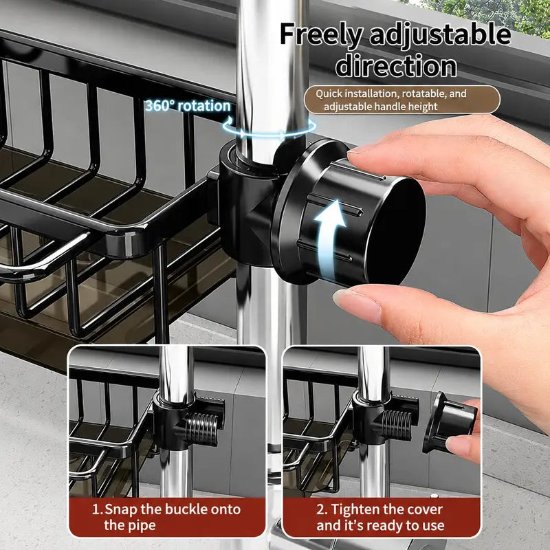 🚿Sink Organizer Rack,Hanging Faucet Drain Rack with Drip Tray Stainless Steel Detachable Sink Faucet Sponge Holder Over Faucet for Kitchen and Bathroom,Scrubbers, Soap,Brush