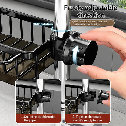 🚿Sink Organizer Rack,Hanging Faucet Drain Rack with Drip Tray Stainless Steel Detachable Sink Faucet Sponge Holder Over Faucet for Kitchen and Bathroom,Scrubbers, Soap,Brush