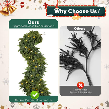 🏆2026 HOT SALE💥 Pre-lit Christmas Cedar Garland – Warm Holiday Glow for Mantels, Stairs & Doorways 🎄✨