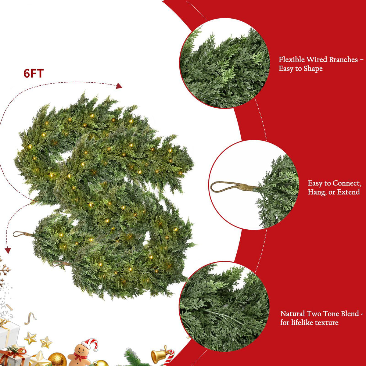🏆2026 HOT SALE💥 Pre-lit Christmas Cedar Garland – Warm Holiday Glow for Mantels, Stairs & Doorways 🎄✨