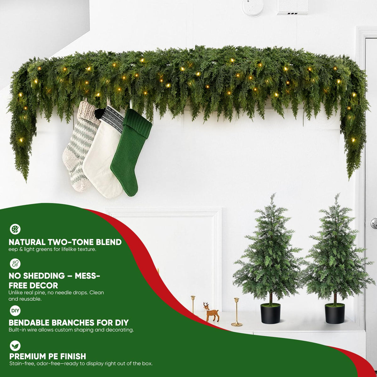 🏆2026 HOT SALE💥 Pre-lit Christmas Cedar Garland – Warm Holiday Glow for Mantels, Stairs & Doorways 🎄✨