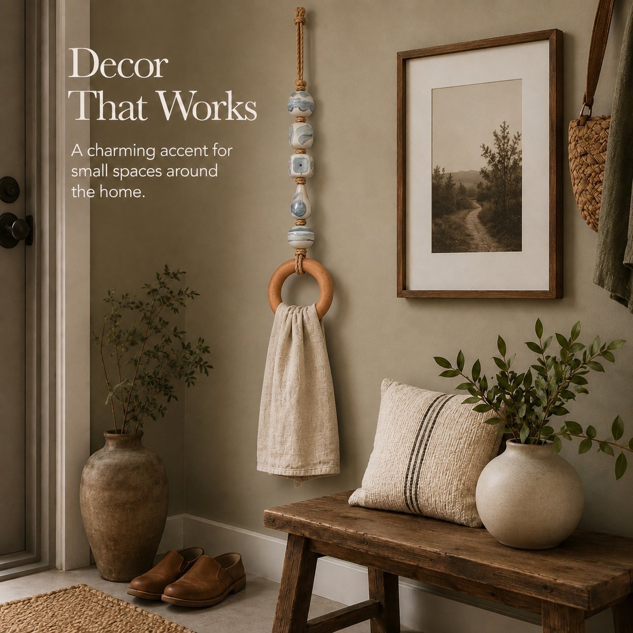 Coastal Blue Beaded Towel Hanger with Wooden Ring