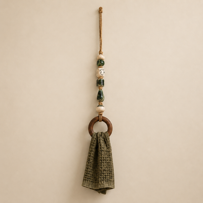 Coastal Blue Beaded Towel Hanger with Wooden Ring